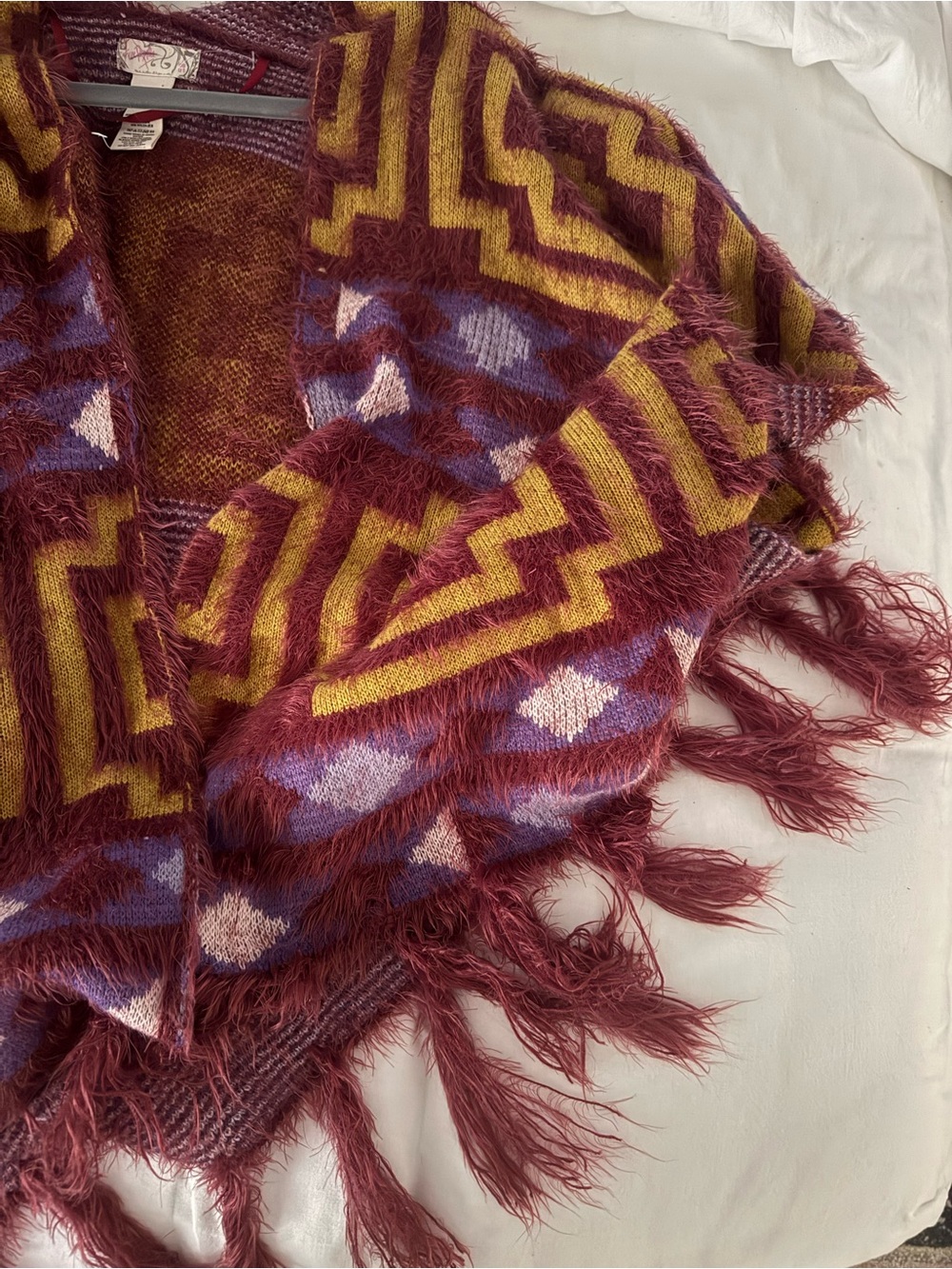 Free People Burgundy Aztec Fringe Knit Poncho with Yellow and Lavender Accents